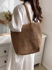 1 peça nova bolsa de viagem casual simples estilo praia férias grande capacidade cesta de tecido, bolsa tote casual dobrável para compras diárias, uso na praia fim de semana feriado, presente para mulheres