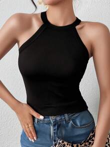 Summer Women Rib Knit Spaghetti Strap Camisole Top With Padding, Casual Solid Color Sleeveless T-Shirt, Workout - Black - View 3