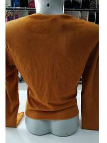 Women's Cropped Ribbed Blouse With Neckline And Long Sleeve In Earthy Tones Winter Fashion Simple Casual With Knot - Gold - View 3