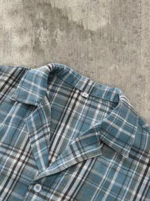 Camisa de manga corta de cuadros azules informal, suave y cómoda de moda para primavera