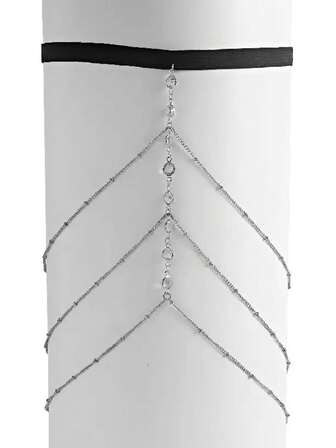 1pc Multi-Layer Tassel Pendant Black Rope Thigh Chain, Elastic Leg Chain With Sparkling Zirconia Stones, Jewelry Body Chain Suitable For All Leg Types, Rave