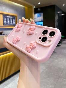 1 件可爱 3D 蝴蝶结仿珍珠保护手机壳，适用于 Apple 16/16 Pro /16E/ 15 14 13 12 Pro Max Plus 11/ XR，防摔保护套，适合女士防水防震防刮 - 粉色 - 查看 3