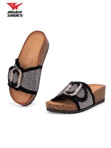 JOMIX Women's Thick Bottom Slope Heel Slippers With Insert Wedge Sandals Woven Upper Cork Shoe Bed With Adjustable Buckle Water Diamond Decoration Shining Fashion And Comfortable Bohemian Style Suitable For Summer Matching