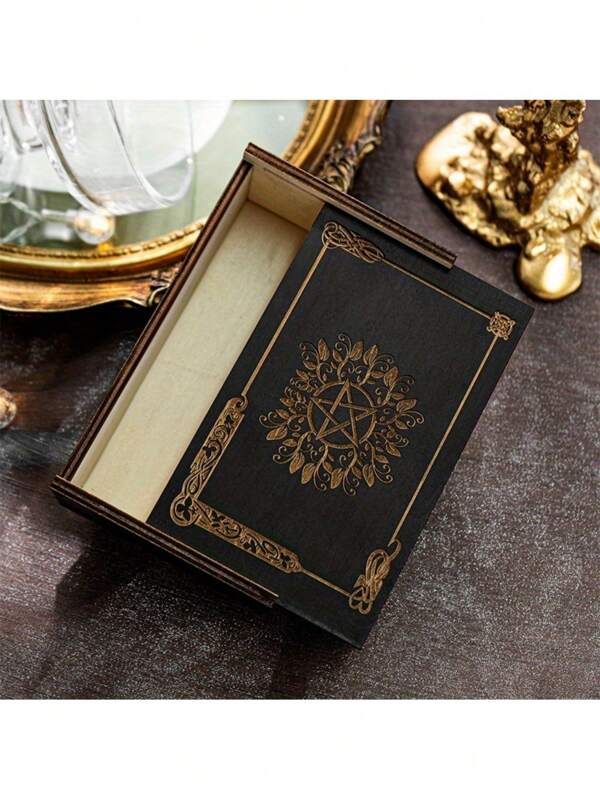 Mystische Tarotkarten-Aufbewahrungsbox aus Holz – tragbares Push-Pull-Design, multifunktionale Souvenir-Lagerbox für Weihnachten, Neujahr, Geburtstagsgeschenke und Partydekoration mit Astrologischen Symbolen (Lebensbaum, Pentagramm, Mond und Sterne) | HH-A-Serie, Mystery-Geschenke, himmlische Designs, zarte Gravuren für Frauen-aufbehältnis-Organizer, Reiseutensilien, Aufbewahrung im Wohnheim