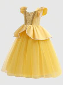 Young Girl Yellow Floral Mesh & Sequin Embellished Princess Party Dress - Multicolor - View 4