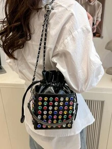 1pc New Crossbady Bags For Girl Women's Pu Leather Handbags Female Lady Bucket Shoulder Messenger Bags Classic Fashion Square High Quality Brand Designer Rhinestone Studded Camera Makeup Bag Drawstring Bag Chain Shoulder Strap With Drawstring Suitable For Dating, Shopping, Commuting, And Working Black Silver White - Multicolor - View 10