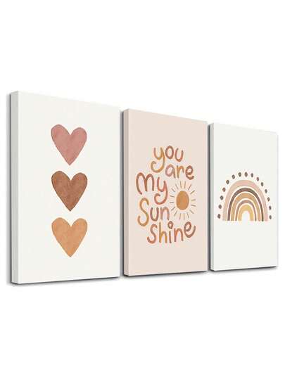 3Pcs Rainbow Wall Art Decor, Hearts Canvas Print, Pastel Wall Art Poster, Minimalist Art Prints, Inspirational Paintings, Typography Artwork, Home Decor, Room Aesthetic, Posters, Ideal Gifts, For Living Room, Bedroom ,Wall Art With Frame