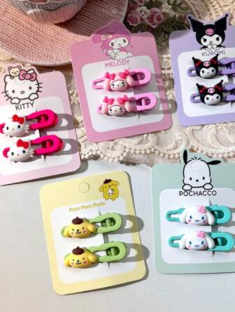 Sanrio 3 Styles Sanrio Kuromi, Hello Kitty, Cinnamoroll, My Melody Cartoon Design Hair Clips For Women & Girls, Cute & Sweet, Suitable For Multiple Age Groups, Random Packaging Card Included