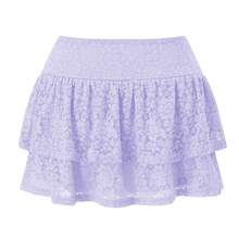 Women Tiered Ruffled Short Skirts Floral Lace Sheer Mid Rise Lined Cute Flowy Mini Skirts - Violet Purple - View 2