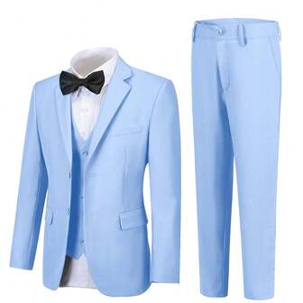 5件套男童正装套装，幼儿燕尾服套装，婚礼花童礼服，包含外套、马甲、裤子、衬衫、领带，适合儿童生日、婚礼、毕业典礼、婚礼宾客、花童等场合，浅蓝色，尺码6-16岁