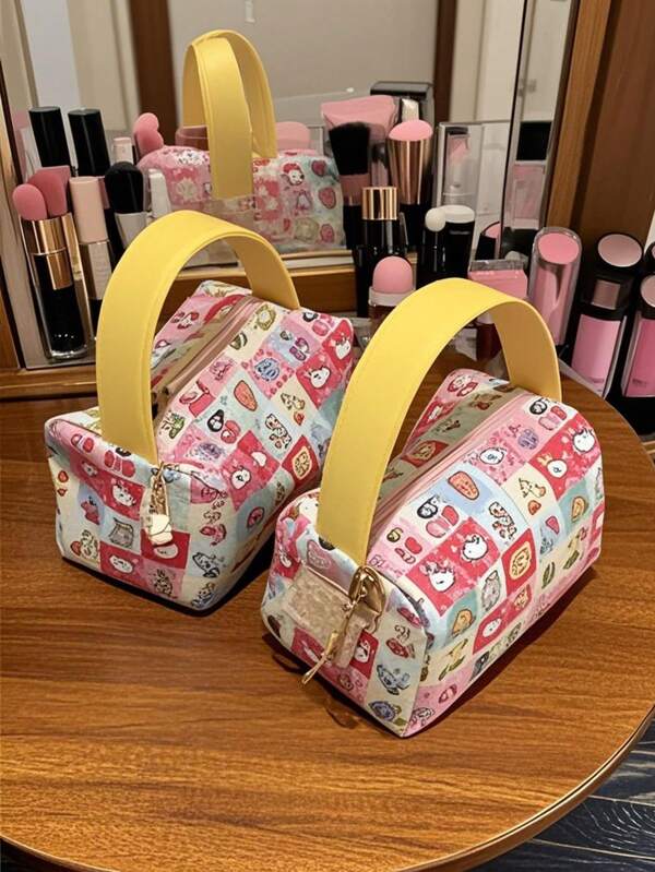 Sanrio 1pc Fashionable Sanrio Hello Kitty Checkerboard Cosmetic Bag, Portable Cartoon Hello Kitty Makeup Pouch, Travel Storage Bag, Large Capacity 3D Handbag, Cute Kitty Girl's Lipstick Makeup (Accessories Not Included)