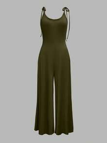 Women's Casual Home Bowknot Pocket Fitted Knit Drop-Crotch Wide Leg Jumpsuit