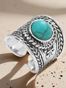 1pc Western Style Geometric Turquoise Ring, Suitable For Women's Daily Wear In Summer - Silver - View 6