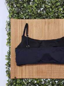 Bikini Top Simple Bandeau Thin Straps With Removable Pads And Separate Polyamide Adjuster - Black - View 3