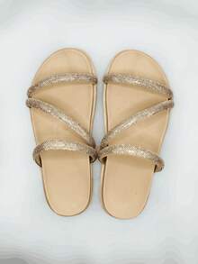 Women's Flat Sandal  Rhinestone Straps Shiny Two In One Comfortable Adjuster - Nude - View 3