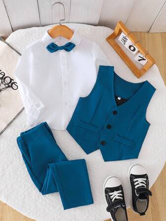 3pcs Young Boy Formal Suit Set - Blue Vest + Shirt + Pants, Gentleman-Style Outfit For Banquet, Wedding, Party, School Event, Holiday Party, Suitable For All Seasons