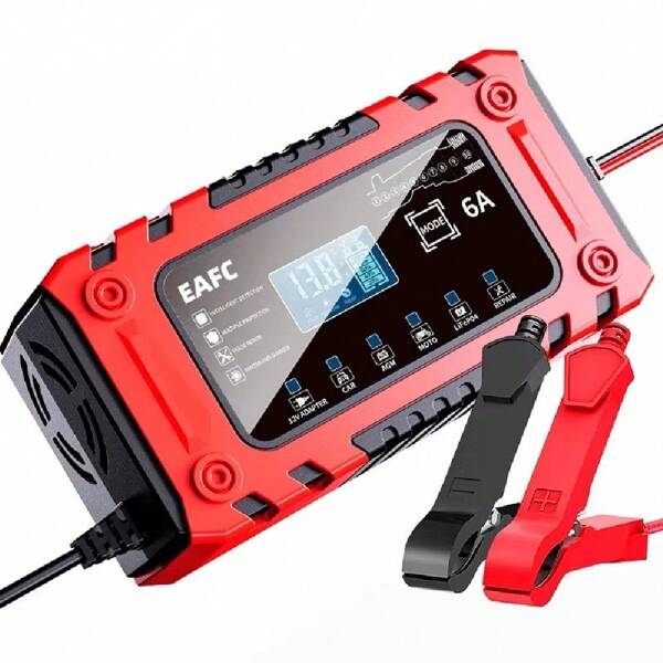 Carregador de Bateria Veicular de Tela Grande 12V 6A, Carregamento em 10 Estágios, Reparo para Carro, Moto, SUV, Barco a Motor, LiFeP04, AGM, Chumbo-Ácido, GEL