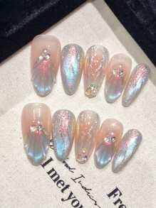 10pcs Mermaid-Themed Dreamy Aurora Holographic Cat Eye Nail Art, Handmade 3D Nail Stickers