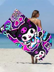 Sanrio 250gsm Super Soft & Quick Dry Microfiber Sanrio Kuromi Cartoon Character Printed Beach/Yoga Mat, Sunscreen Shawl, Suitable For Travel, Camping, Swimming, Outings. 1pc 70*140cm Bath/Beach Towel Or Larger 90*180cm Bath/Beach Towel Bathroom Decor Summer Beach Essentials