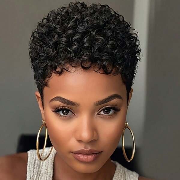 Short Curly Pixie Cut Wigs For Black Women Synthetic Afro Pixie Wig Synthetic Heat Resistant Full Wigs Black Color Short Curly Pixie Wigs For Women