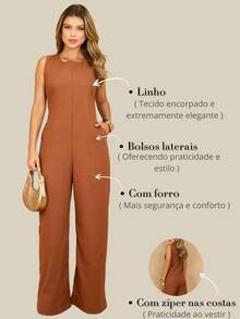 Elegant Linen Pantaloon Jumpsuit Wide Legs And Discreet Pockets - Camel - Ver 6