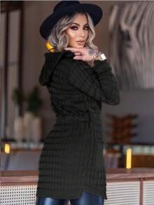TRICOZHU casaco kimono de frio tricot lã cardigã inverno com capuz blusa moda feminina tricot linha  KIMONO   inverno Blusinha Manga longo - Preto - Visão 3