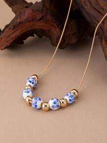 1 Stück Modischer minimalistischer blau-weißer Porzellan-Blumen-Anhänger-Halskette für Frauen, Vintage Boho