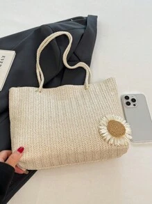 Bolso de playa de paja tejida con estampado floral, bolso de hombro casual y de moda para niñas