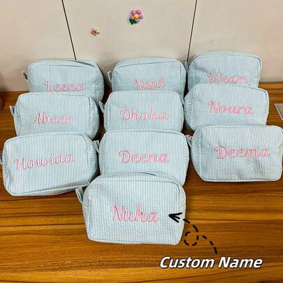 Customized Blue Embroidered Makeup Bag, Striped Personalized Cosmetic Bag As Gift For Girlfriend, Travel Makeup Organizer, Blue With Pink Embroidered Letter Makeup Pouch, Suitable For Girls & Teenagers,Multi-Functional,Ornamental,Letter,Solid Color,Exquisite,Stylish,Vintage,Modern,Colorful,Leisure,Basics,Casual,Soft,Unique,Customized,Personalized,Custom,Ideal Gifts For Her,Girlfriend,Her,Boyfriend,Friends,Chic Autumn,Christmas Beauty Accessories ,Travel Organizer