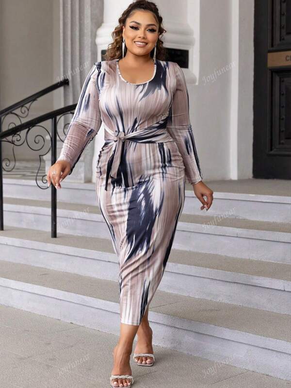 Women's Round Neck Color Block Knotted Waist Dress