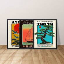 Set de pósteres de arte de pared con 1/3 piezas de grullas japonesas retro sobre el atardecer, barcos a vela, árbol bonsái - sin marco/enmarcado, estilo moderno, impresiones de Kioto, Fukuoka, Tokio