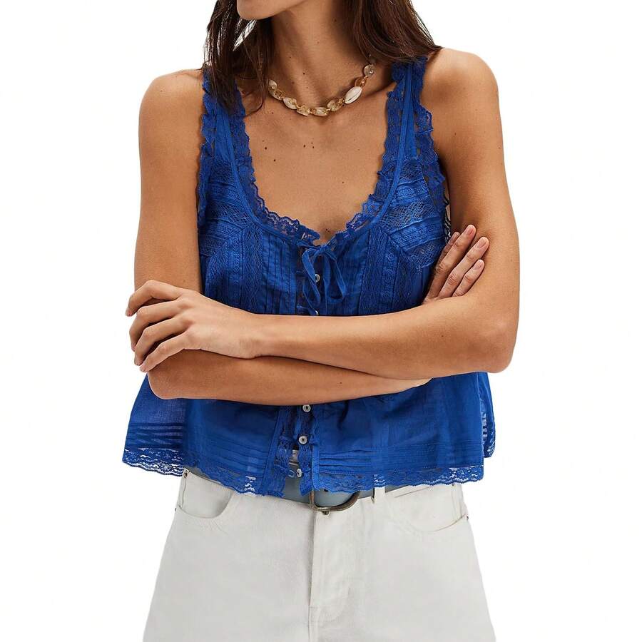 Women Lace Trim Vest Tank Tops Y2K Fairy Sleeveless Tie Button Front Sheer Mesh Crop Tops Summer Going Out Tops Cute Loose Fit Cami Shirt Aesthetic Clothes - 藏蓝色 - 查看 1