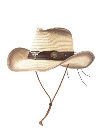 1pc Women Western Cowgirl Gradient Print Decor Faux Leather Band Sun Hat, Fashionable Unisex Spring/Summer Versatile Sun Protection Beach Hat