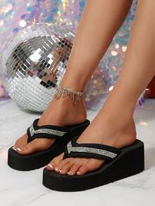 Sandálias femininas de salto alto com sola grossa e salto alto, novas sandálias de praia antiderrapantes de verão com sola grossa, chinelos de salto alto com tira em T, adequadas para casamentos na praia ao ar livre - Verde - Ver 2