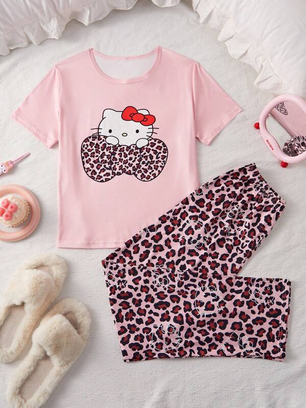 Sanrio 2pcs Sanrio Hello Kitty Print Women Casual Pajama Set, Short Sleeve Round Neck Top And Loose Fit Pants
