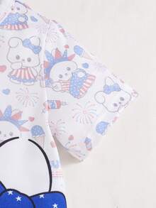 婴幼儿女孩休闲卡通熊印花 T 恤连衣裙，适合派对和节日