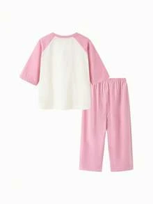 mini bala 女童字母草莓印花插肩袖上衣和裤子睡衣套装 - 粉紅 - 查看 6