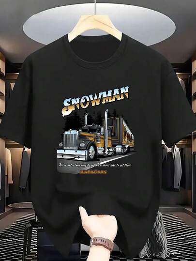 Men's Snowman Truck Graphic-Shirt - Light Gray Crew Neck-Shirt With Snowman And Semi Truck Design, Soft Stretch Fabric Daily And Formal Wear - Spring/Fall, Plus Size, Spring Autumn Clothing BFVB