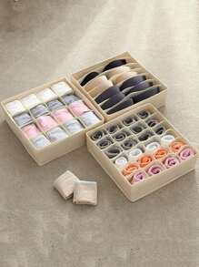 1 pieza/3 unidades Caja de almacenamiento de malla de alta elasticidad multicompartimental de gran capacidad en beige, organizador lavable para ropa, ropa interior y calcetines, plegable