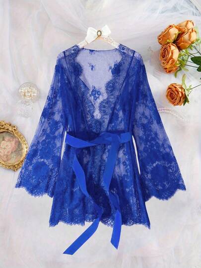 Plus Size Sexy Valentine's Day Lace Lingerie Women's Nightgown, Semi-Transparent Lace-Up Elegant Long Sleeve Nightgown For Rave
