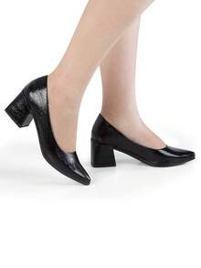 Women's Wet Patent Leather Pumps Casual Dress Shoes Low Square Thick Heel - 黑色 - 查看 4