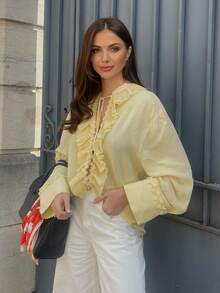 MUMRAP Women Fashion Solid V Neck Ruffles Shirts Summer Lace Up Loose Long Sleeve Blouse - Màu vàng - Xem 5
