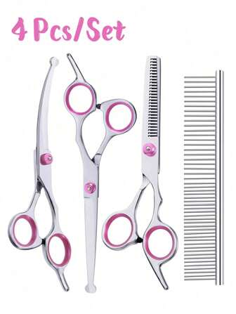 Professional Round Tip Pet Scissors + Fish Bone Serrated Grooming Scissors Set, Pet Grooming Scissors, Pet Haircut Scissors Set