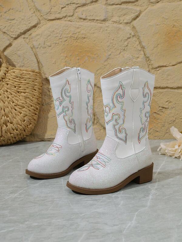 Girls' Western Cowboy Boots, Spring/Autumn, Embroidered Mid-Calf Boots, Vintage Long Boots, Parent-Child Travel Short Boots