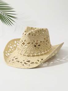 1pc Unisex Pearl Decor Hollow Out Straw Hat Sun Hat Wide Brim Handmade Beach Hat For Women Cowboy Hat Boho - Multicolor - View 2