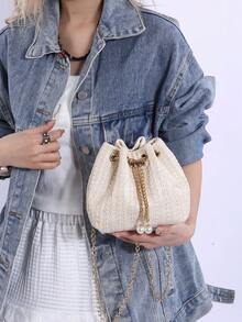 2026春夏新款小麦秸秆编织白色斜挎包，金属链条水桶包，适合海滩度假、派对等场合，是女士节日礼物的理想之选。 - 米色 - 查看 6