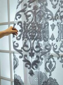 1 件优质灰色提花薄纱牡丹窗帘，优雅半透明设计，适用于别墅、阳台、客厅和卧室装饰 - 灰色 - 查看 9
