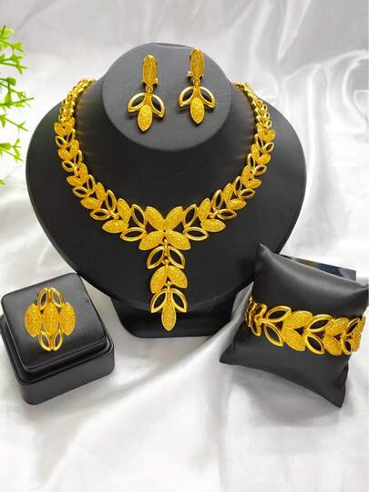 4 件套时尚女士镀金叶首饰套装项链、耳环、戒指、手链，适合婚礼、派对、送给妈妈或女朋友的礼物，中东/迪拜风格