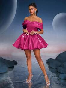 Women's Plain Shoulder Ruffle Elegant Fashion Dress, Party Dress, Prom Dress - Hot Pink - View 4