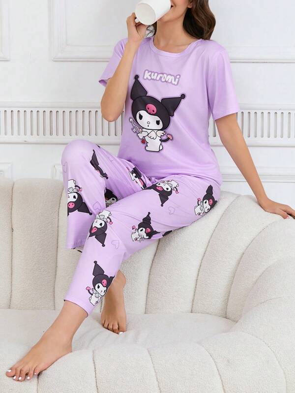 Sanrio 2Pcs Sanrio Hello Kitty Printed Women Casual Pajama Set: Short Sleeve Round Neck Top & Loose Pants